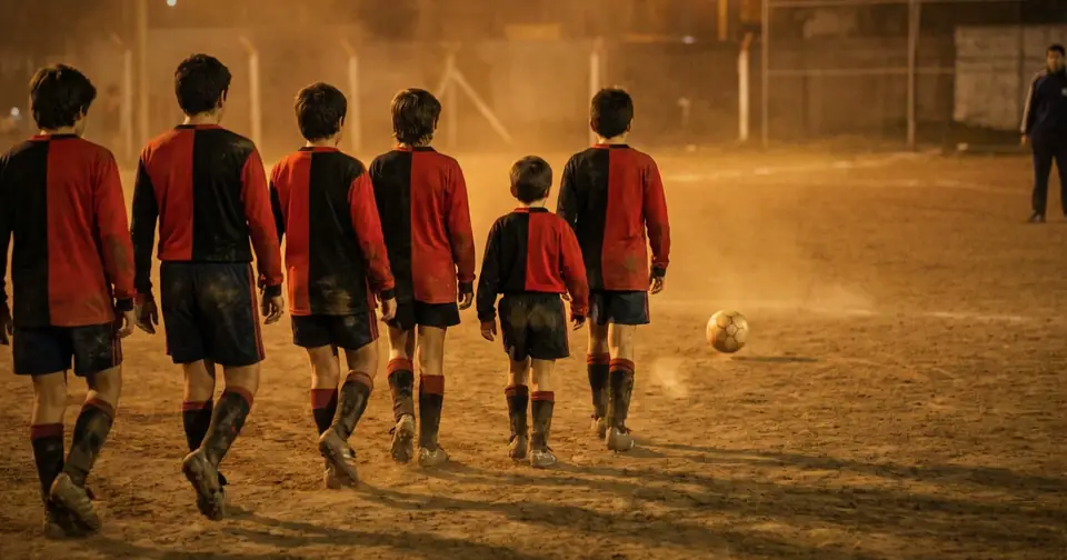 Six boys in red and black kit, seen from behind, walking across a dusty floodlit pitch behind a ball.