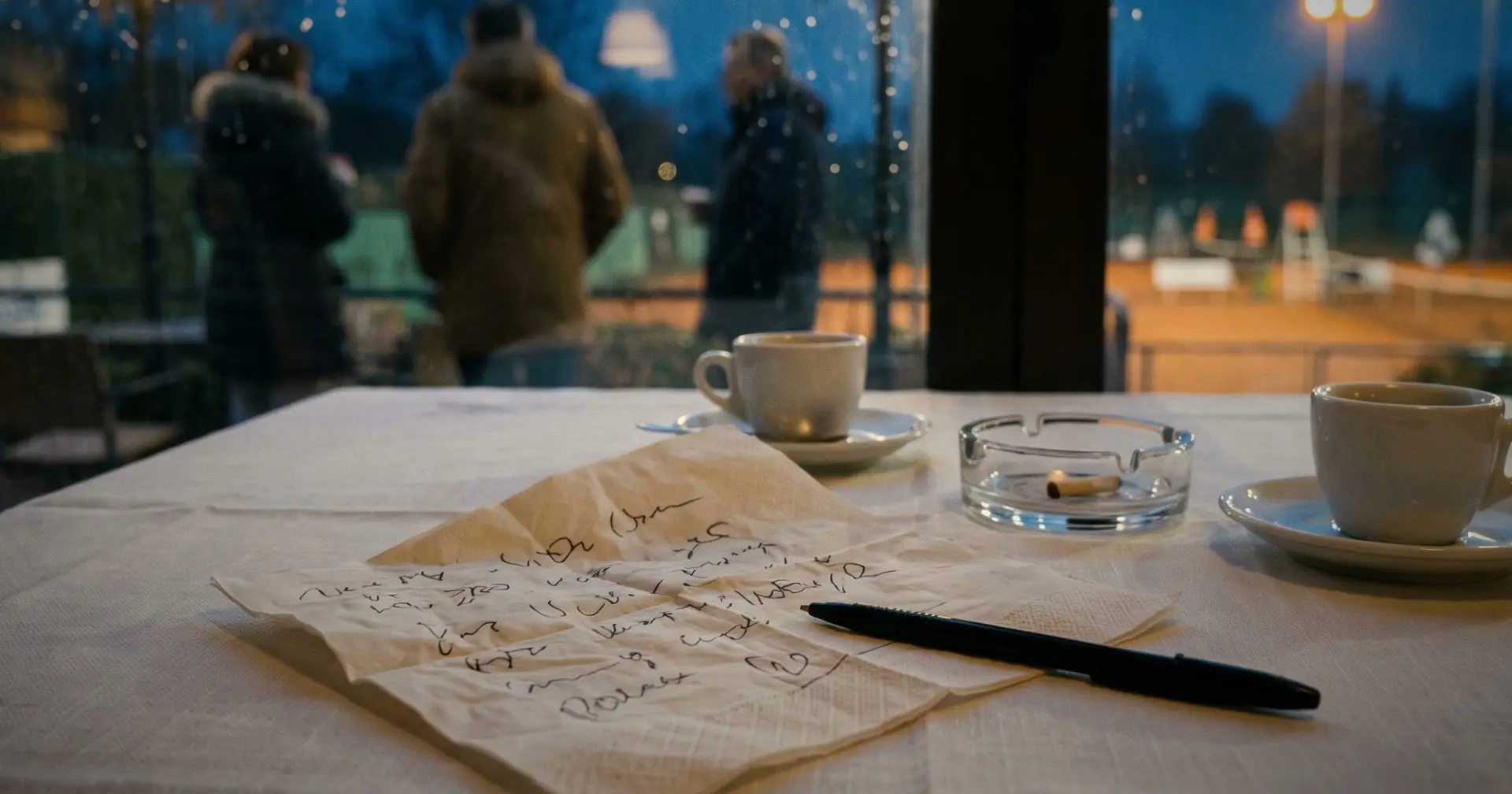 A handwritten paper napkin, pen and coffee cups on a restaurant table, by a window at dusk.