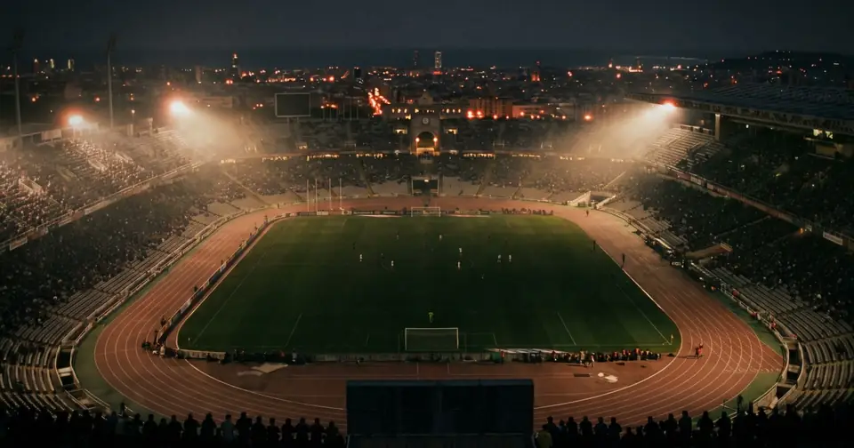 An athletics stadium at night from high above, floodlights in haze and a city behind.