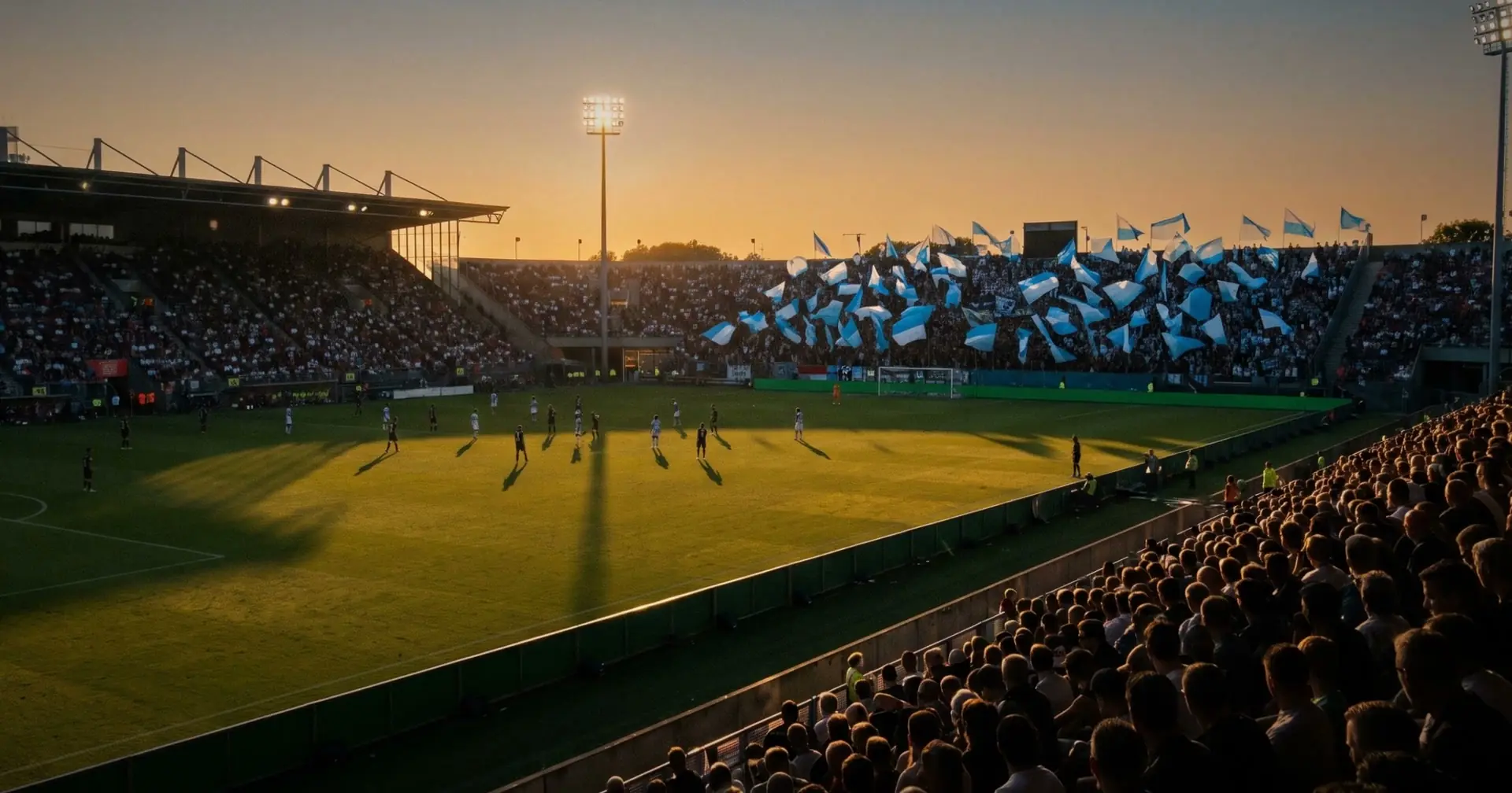 A packed stadium at dusk, with long shadows on the pitch and pale blue and white flags in the far stand.