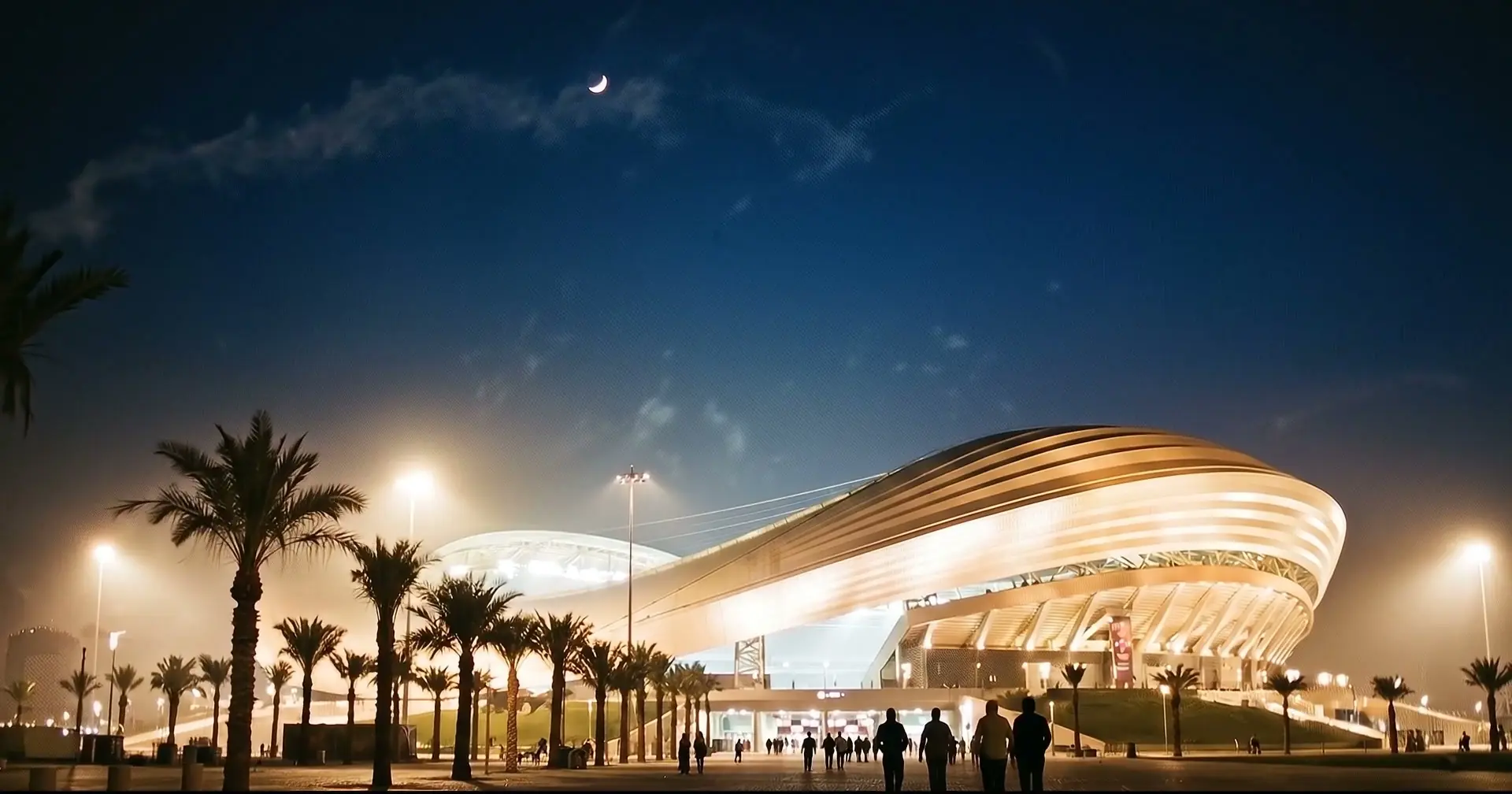 Figures silhouetted walking towards a glowing gold-roofed stadium among palm trees, under a dark blue sky with a crescent moon.