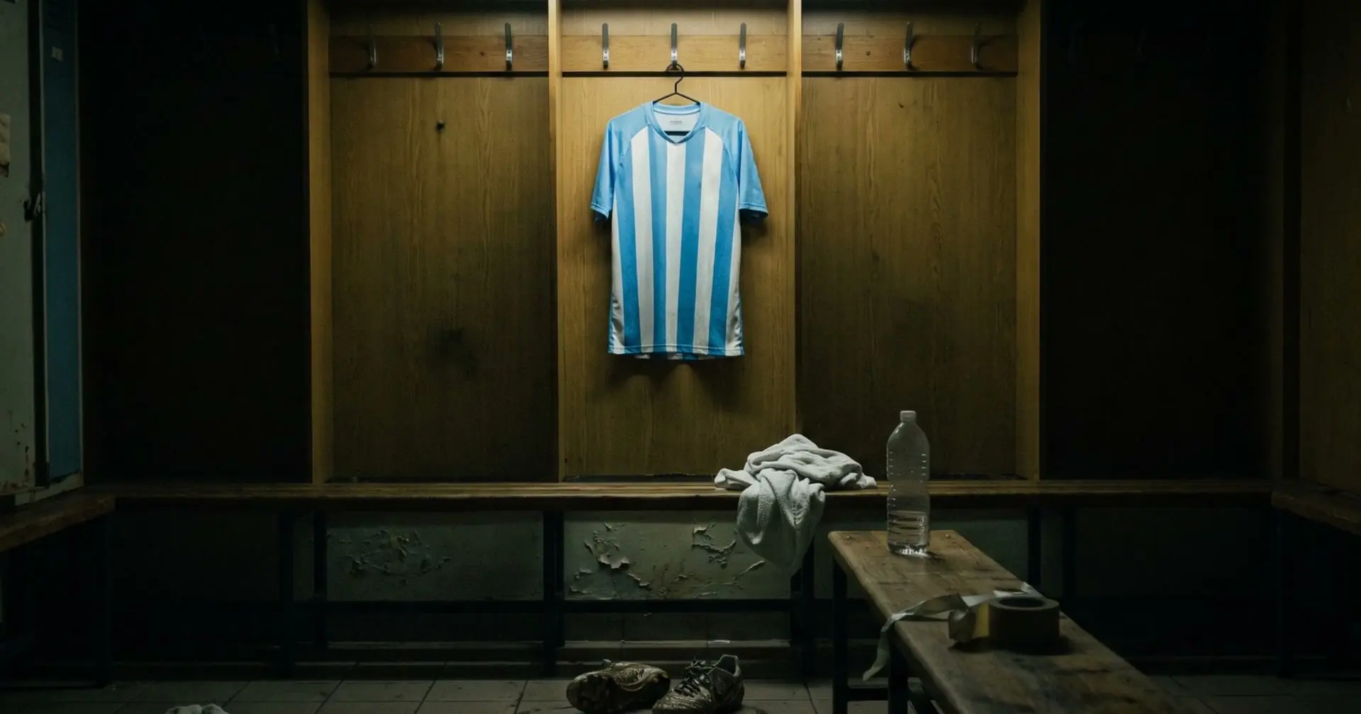 A pale blue and white striped shirt on a hook in an empty wood-panelled dressing room.