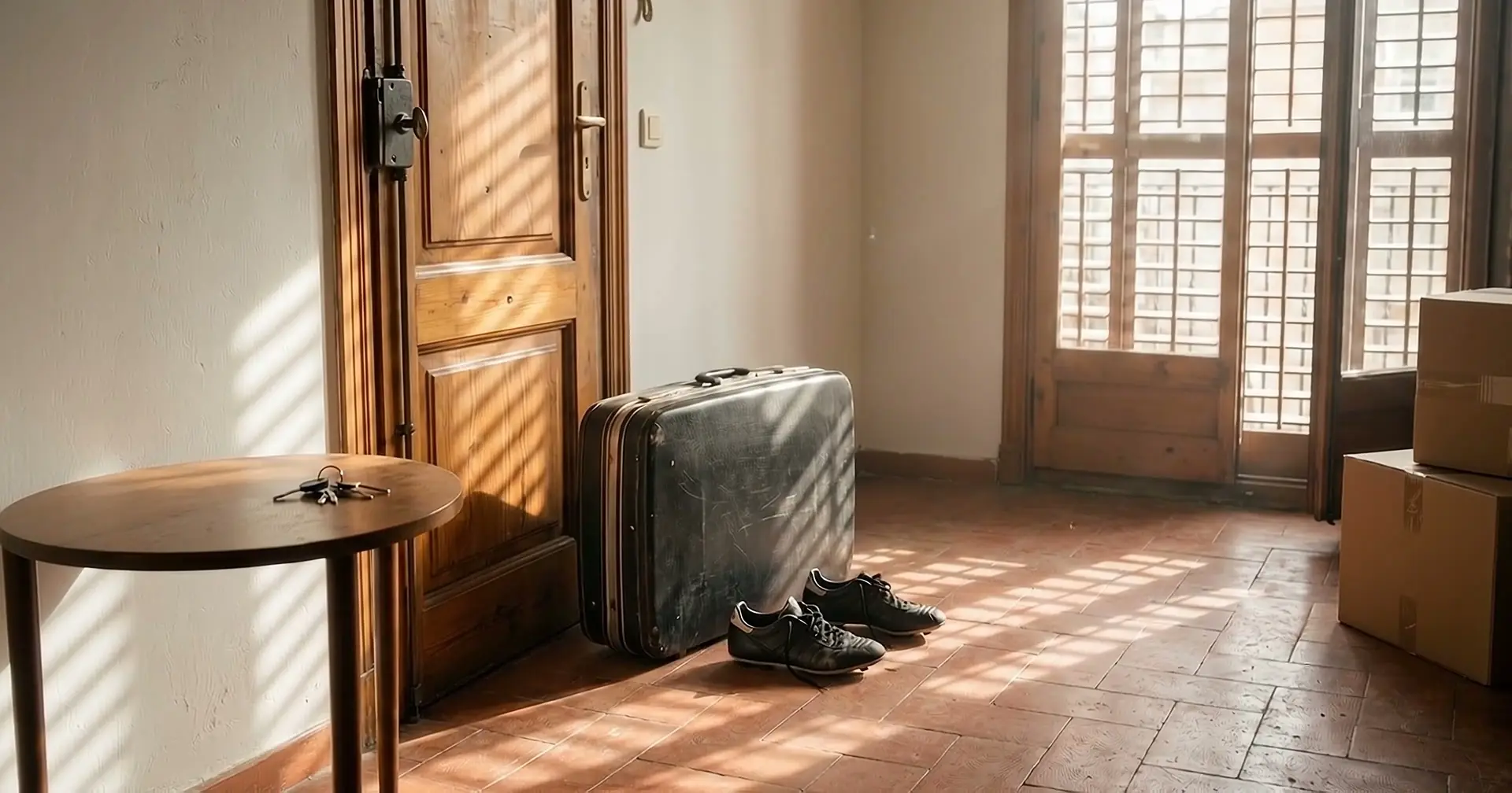 A worn suitcase, boots and packing boxes in a room with slatted sun on the floor.