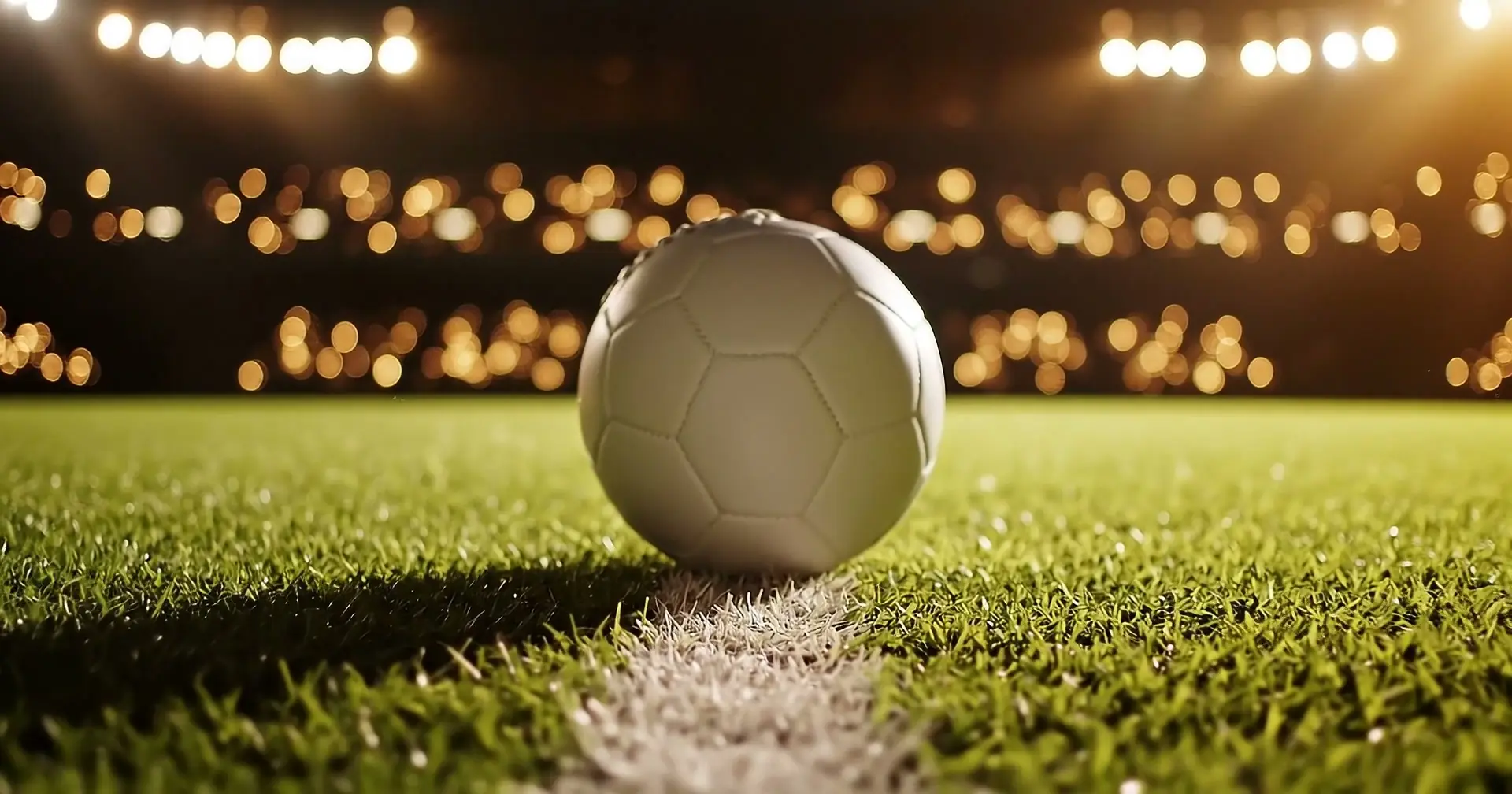 A plain white football on a touchline, stadium lights melting into gold bokeh behind it.